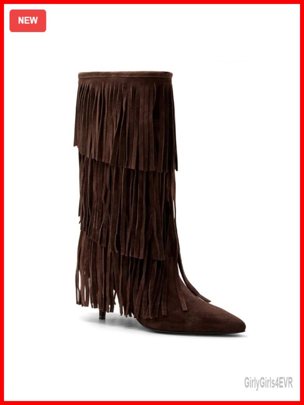 Fringe Knee High Western Cowgirl Boots Suede Kitten Heel Pointed Toe